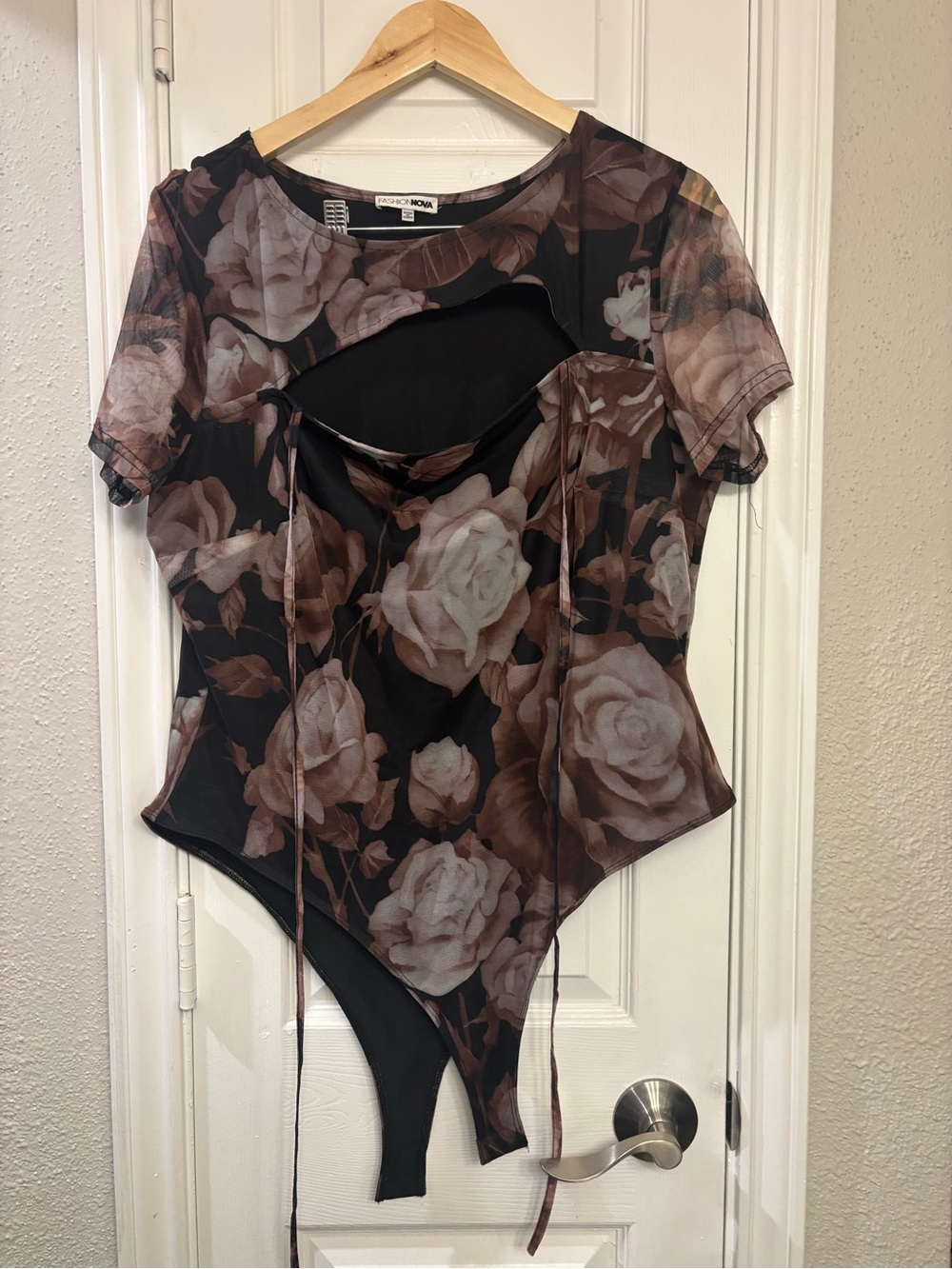 Fashion Nova Brown Rose Floral Cutout Mesh Bodysuit